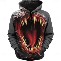 Outlet OUKU Halloween Men's 3D Mouth Hoodies Sweatshirt Punk Exaggerated Long Sleeve Crew Neck Club Streetwear Black Gray Drawstring Fall Winter Designer
