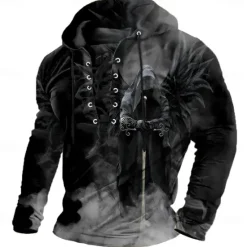 Hot OUKU Halloween Men's 3D Print Reaper Sweatshirt Punk Exaggerated Long Sleeve Crew Neck Club Streetwear Lake blue Black Drawstring Fall Winter Designer