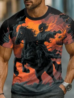 Best OUKU Halloween Men's 3D T Shirt Short Sleeve T shirt 3D Print Crew Neck Shirt Exaggerated Designer Horror Party Street Casual Lake Blue Yellow Purple Summer Spring All Seasons Clothing Apparel S M L XL