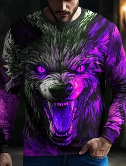 OUKU Halloween Men's 3D Werewolf T Shirt Long Sleeve T shirt 3D Print Crew Neck Shirt Fashion Exaggerated Street Casual Daily Blue Purple Orange Summer Spring Fall Clothing Apparel S M L XL XXL XXXL