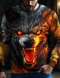 OUKU Halloween Men's 3D Werewolf T Shirt Long Sleeve T shirt 3D Print Crew Neck Shirt Fashion Exaggerated Street Casual Daily Blue Purple Orange Summer Spring Fall Clothing Apparel S M L XL XXL XXXL
