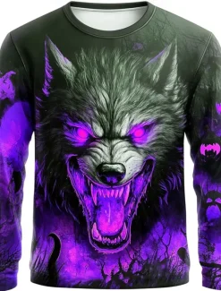 Sale OUKU Halloween Men's 3D Werewolf T Shirt Long Sleeve T shirt 3D Print Crew Neck Shirt Fashion Exaggerated Street Casual Daily Blue Purple Orange Summer Spring Fall Clothing Apparel S M L XL XXL XXXL