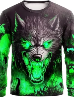 Sale OUKU Halloween Men's 3D Werewolf T Shirt Long Sleeve T shirt 3D Print Crew Neck Shirt Fashion Exaggerated Street Casual Daily Blue Purple Orange Summer Spring Fall Clothing Apparel S M L XL XXL XXXL