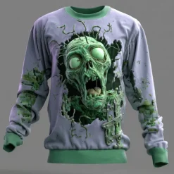 Best OUKU Halloween Men's 3D Zombies Sweatshirt Punk Party Crew Neck Vacation Light Green Purple Crewneck 3D All Seasons Designer