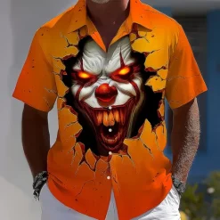 Hot OUKU Halloween Men's Devil Clown Halloween Costumes Shirt Summer Shirt Button Up Shirt Short Sleeve Dark Punk Gothic Style Holiday Streetwear Summer Spring Turndown 3D Print Collared Shirts Orange red
