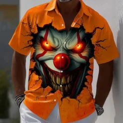 Hot OUKU Halloween Men's Devil Clown Halloween Costumes Shirt Summer Shirt Button Up Shirt Short Sleeve Dark Punk Gothic Style Holiday Streetwear Summer Spring Turndown 3D Print Collared Shirts Orange red