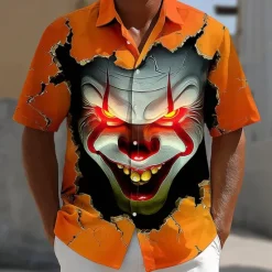 New OUKU Halloween Men's Devil Clown Ripped Shirt Summer Shirt Button Up Shirt Short Sleeve Dark Punk Gothic Style Holiday Streetwear Summer Spring Turndown 3D Print Collared Shirts Orange red Orange