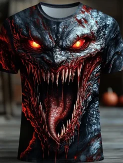 Clearance OUKU Halloween Men's Dragon 3D T Shirt Short Sleeve T shirt 3D Print Crew Neck Shirt Exaggerated Designer Horror Party Street Casual Black 1 White Red Summer Spring All Seasons Clothing Apparel S M L XL