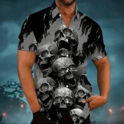 Best OUKU Halloween Men's Flame Halloween Costumes Skulls Shirt Summer Shirt Button Up Shirt Short Sleeve Dark Punk Gothic Style Holiday Streetwear Summer Spring Turndown 3D Print Collared Shirts Purple Orange