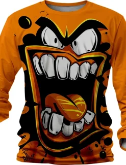 New OUKU Halloween Men's Funny T Shirt Henley Shirt Long Sleeve T shirt 3D Print Crew Neck Shirt Designer Retro Vintage Street Casual Daily Yellow Blue Purple Summer Spring Fall Clothing Apparel S M L XL 2XL