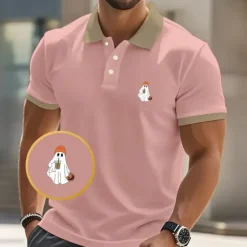 Sale OUKU Halloween Men's Ghost Polo Short Sleeve Polo Shirts Collared Shirts Casual Horror Dark Athleisure Festival Outfit Buttons Summer Black Pink Navy Blue