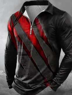 Online OUKU Halloween Men's Graphic Abstract Zip Polo Shirts Long Sleeve Polo Shirts Lapel Casual Horror Dark Outdoor Festival Outfit 3D Print Spring Fall Winter Lake blue Red Blue