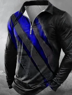 Online OUKU Halloween Men's Graphic Abstract Zip Polo Shirts Long Sleeve Polo Shirts Lapel Casual Horror Dark Outdoor Festival Outfit 3D Print Spring Fall Winter Lake blue Red Blue