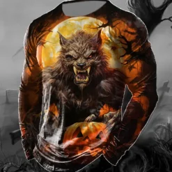 Hot OUKU Halloween Men's Graphic Animal Pumpkin T Shirt Long Sleeve T shirt 3D Print Crew Neck Shirt Fashion Designer Casual Sports Outdoor Holiday Going out Black Yellow Orange Spring & Fall Clothing Apparel