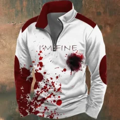 Discount OUKU Halloween Men's Graphic Blood stains Sweatshirt Exaggerated Gothic Long Sleeve High Neck Party Club Red Blue Zipper Quarter Zip Fall Winter Designer