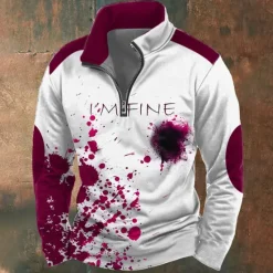 Discount OUKU Halloween Men's Graphic Blood stains Sweatshirt Exaggerated Gothic Long Sleeve High Neck Party Club Red Blue Zipper Quarter Zip Fall Winter Designer