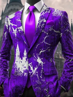 Best OUKU Halloween Men's Graphic Blazer Jacket Comfortable Artistic Casual Party Evening Wear Daily Festival 3D Print Buttons Multi Pocket Spring Fall & Winter Flat collar Long Sleeve Red Purple Orange