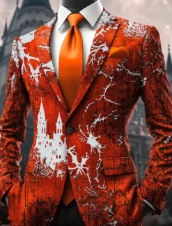 Best OUKU Halloween Men's Graphic Blazer Jacket Comfortable Artistic Casual Party Evening Wear Daily Festival 3D Print Buttons Multi Pocket Spring Fall & Winter Flat collar Long Sleeve Red Purple Orange
