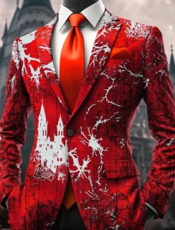 Best OUKU Halloween Men's Graphic Blazer Jacket Comfortable Artistic Casual Party Evening Wear Daily Festival 3D Print Buttons Multi Pocket Spring Fall & Winter Flat collar Long Sleeve Red Purple Orange
