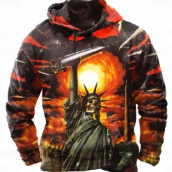 Sale OUKU Halloween Men's Graphic 3D Statue Of Liberty Hoodies Sweatshirt Punk Exaggerated Long Sleeve Crew Neck Club Streetwear Yellow Blue Drawstring Fall Winter Designer