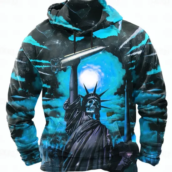 Sale OUKU Halloween Men's Graphic 3D Statue Of Liberty Hoodies Sweatshirt Punk Exaggerated Long Sleeve Crew Neck Club Streetwear Yellow Blue Drawstring Fall Winter Designer