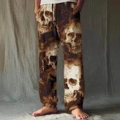 Discount OUKU Halloween Men's Halloween Costumes Skulls Trousers Baggy Pants Casual Pants Mid Waist Dark Punk Gothic Style Holiday Elastic Drawstring Waist Linen-Like Pants with Pockets Spring Fall 3D Print Black