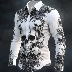 Sale OUKU Halloween Men's Halloween Costumes Skulls Shirt Button Up Shirt Casual Dress Shirt Long Sleeve Dark Gothic Style Holiday Summer Spring Turndown 3D Print Collared Shirts White 1 White