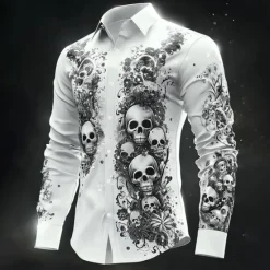 Sale OUKU Halloween Men's Halloween Costumes Skulls Shirt Button Up Shirt Casual Dress Shirt Long Sleeve Dark Gothic Style Holiday Summer Spring Turndown 3D Print Collared Shirts White 1 White