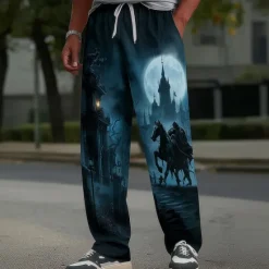Hot OUKU Halloween Men's Halloween Costumes Headless Horseman Trousers Baggy Pants Casual Pants Mid Waist Dark Gothic Style Holiday Elastic Drawstring Waist Linen-Like Pants with Pockets Spring Fall 3D Print