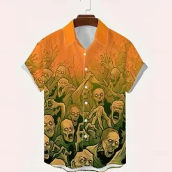 Best OUKU Halloween Men's Halloween Costumes Skulls Shirt Summer Shirt Button Up Shirt Short Sleeve Dark Gothic Style Holiday Summer Spring Turndown 3D Print Collared Shirts Front One Pocket Black Pink Blue