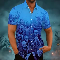 Best OUKU Halloween Men's Halloween Costumes Skulls Shirt Summer Shirt Button Up Shirt Short Sleeve Dark Gothic Style Holiday Summer Spring Turndown 3D Print Collared Shirts Front One Pocket Black Pink Blue