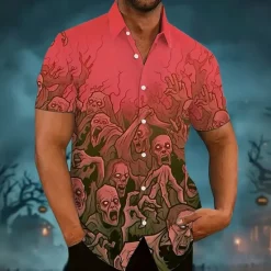 Best OUKU Halloween Men's Halloween Costumes Skulls Shirt Summer Shirt Button Up Shirt Short Sleeve Dark Gothic Style Holiday Summer Spring Turndown 3D Print Collared Shirts Front One Pocket Black Pink Blue