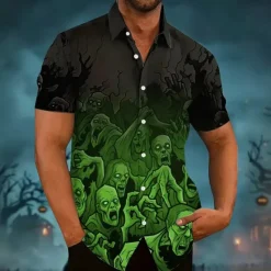 Best OUKU Halloween Men's Halloween Costumes Skulls Shirt Summer Shirt Button Up Shirt Short Sleeve Dark Gothic Style Holiday Summer Spring Turndown 3D Print Collared Shirts Front One Pocket Black Pink Blue