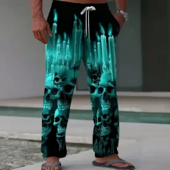 Hot OUKU Halloween Men's Halloween Costumes Skulls Trousers Baggy Pants Casual Pants Mid Waist Dark Gothic Style Holiday Elastic Drawstring Waist Linen-Like Pants with Pockets Spring Fall 3D Print Black Green