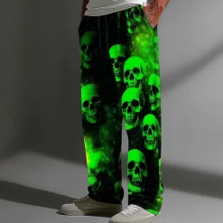 Clearance OUKU Halloween Men's Halloween Costumes Skulls Trousers Baggy Pants Casual Pants Mid Waist Dark Gothic Style Holiday Elastic Drawstring Waist Linen-Like Pants with Pockets Spring Fall 3D Print Black Brown