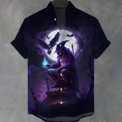 Best OUKU Halloween Men's Halloween Costumes Headless Horseman Shirt Button Up Shirt Stand Collar Shirt Short Sleeve Dark Gothic Style Holiday Summer Spring Mandarin Collar 3D Print Linen Like Shirt Blue Purple