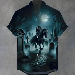 Best OUKU Halloween Men's Halloween Costumes Headless Horseman Shirt Button Up Shirt Stand Collar Shirt Short Sleeve Dark Gothic Style Holiday Summer Spring Mandarin Collar 3D Print Linen Like Shirt Blue Purple