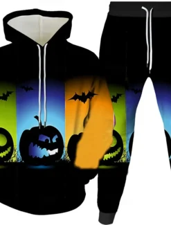 Discount OUKU Halloween Men's Halloween pumpkin 2pcs 3D Sweatshirt Sets Tracksuit Hoodie Sweatshirt Long Sleeve Long pants Hooded Casual Daily Athleisure Festival Outfit 3D Print Spring Fall Winter Robin's Egg