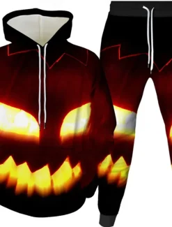 Discount OUKU Halloween Men's Halloween pumpkin 2pcs 3D Sweatshirt Sets Tracksuit Hoodie Sweatshirt Long Sleeve Long pants Hooded Casual Daily Athleisure Festival Outfit 3D Print Spring Fall Winter Robin's Egg