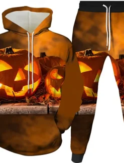 Discount OUKU Halloween Men's Halloween pumpkin 2pcs 3D Sweatshirt Sets Tracksuit Hoodie Sweatshirt Long Sleeve Long pants Hooded Casual Daily Athleisure Festival Outfit 3D Print Spring Fall Winter Robin's Egg