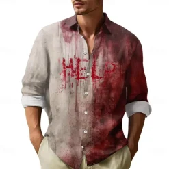 OUKU Halloween Men's Letter Printed Blood stains Halloween Costumes Shirt Button Up Shirt Long Sleeve Dark Punk Gothic Style Holiday Streetwear Summer Spring Turndown 3D Print Collared Shirts Red 1 Red