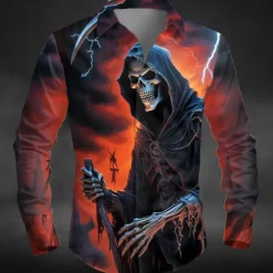 Outlet OUKU Halloween Men's Lightening Death Halloween Costumes Shirt Button Up Shirt Long Sleeve Dark Punk Gothic Style Outdoor Holiday Summer Spring Turndown 3D Print Collared Shirts Yellow Orange Green