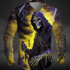 Outlet OUKU Halloween Men's Lightening Death Halloween Costumes Shirt Button Up Shirt Long Sleeve Dark Punk Gothic Style Outdoor Holiday Summer Spring Turndown 3D Print Collared Shirts Yellow Orange Green