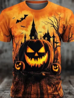 Outlet OUKU Halloween Men's Optical Illusion Pumpkin 3D T Shirt Short Sleeve T shirt 3D Print Crew Neck Shirt Exaggerated Designer Horror Party Street Casual Orange 3 Orange Orange 2 Summer Spring Fall Clothing