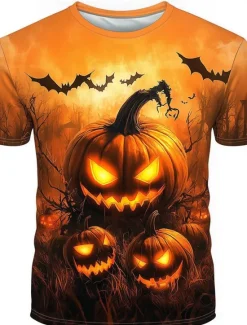 Outlet OUKU Halloween Men's Optical Illusion Pumpkin 3D T Shirt Short Sleeve T shirt 3D Print Crew Neck Shirt Exaggerated Designer Horror Party Street Casual Orange 3 Orange Orange 2 Summer Spring Fall Clothing