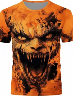 Hot OUKU Halloween Men's Optical Illusion Pumpkin 3D T Shirt Short Sleeve T shirt 3D Print Crew Neck Shirt Exaggerated Designer Horror Party Street Casual Orange Orange 2 Summer Spring Fall Clothing Apparel S