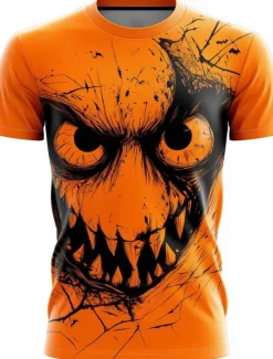 Hot OUKU Halloween Men's Optical Illusion Pumpkin 3D T Shirt Short Sleeve T shirt 3D Print Crew Neck Shirt Exaggerated Designer Horror Party Street Casual Orange Orange 2 Summer Spring Fall Clothing Apparel S