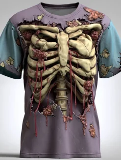 Online OUKU Halloween Men's Optical Illusion 3D Skeleton T Shirt Short Sleeve T shirt 3D Print Crew Neck Shirt Exaggerated Designer Horror Party Club Lake Blue Yellow Blue Summer Spring All Seasons Clothing