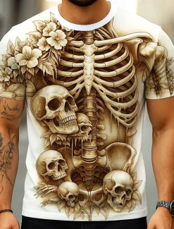 OUKU Halloween Men's Optical Illusion 3D Skeleton T Shirt Short Sleeve T shirt 3D Print Crew Neck Shirt Exaggerated Designer Horror Party Street Casual White Yellow Blue Summer Spring All Seasons Clothing