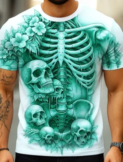 OUKU Halloween Men's Optical Illusion 3D Skeleton T Shirt Short Sleeve T shirt 3D Print Crew Neck Shirt Exaggerated Designer Horror Party Street Casual White Yellow Blue Summer Spring All Seasons Clothing